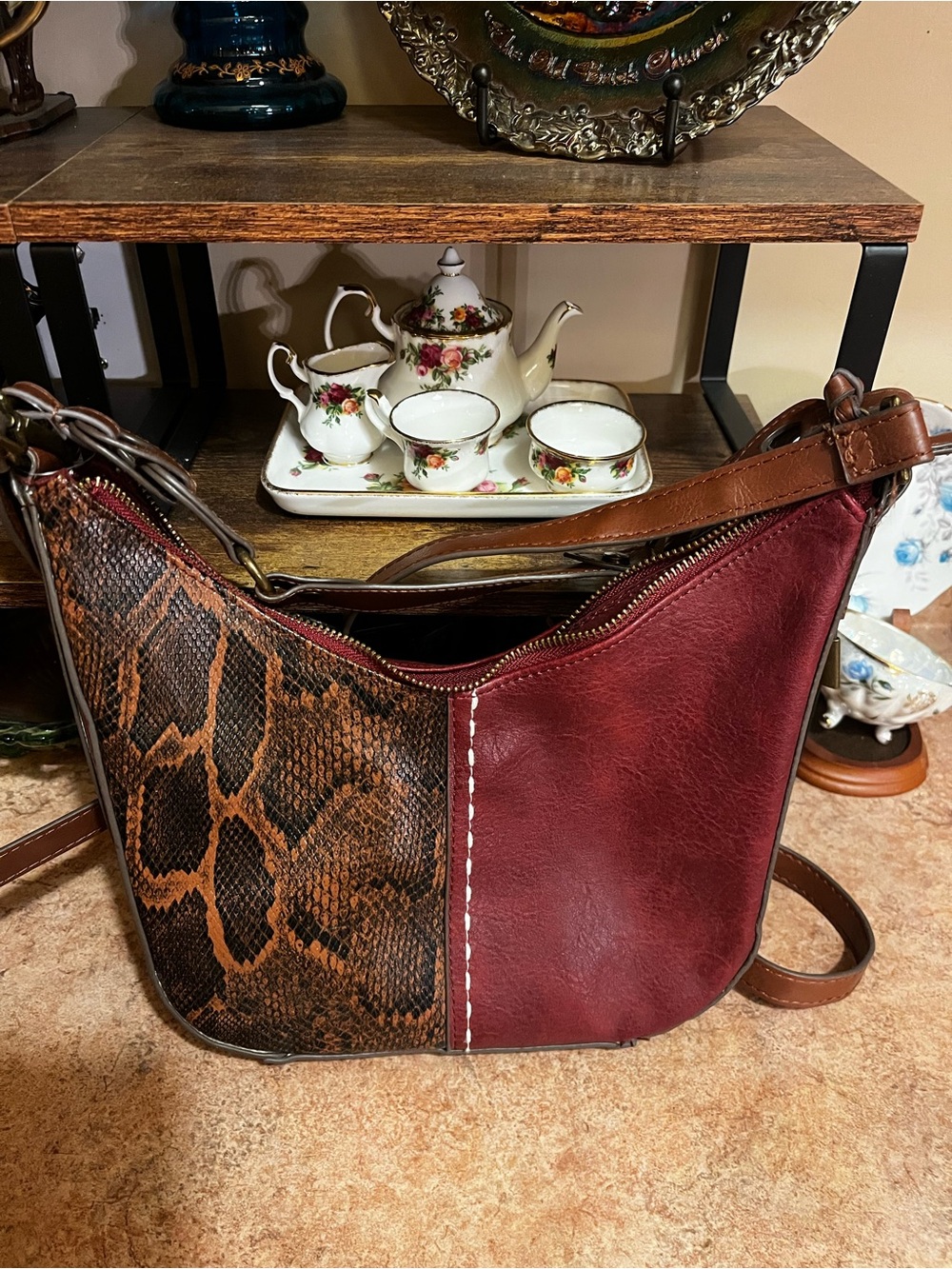 Leather Snake-Print & Burgundy Crossbody Bag